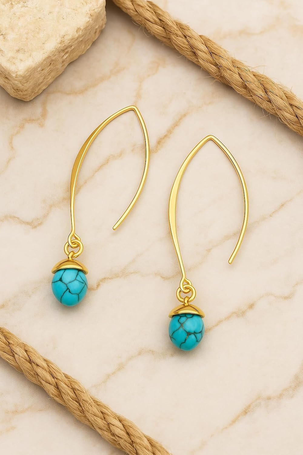 El Regalo Elegant Gold Hook Earrings with Natural Stones - Beautiful Drop Dangle Earrings for Women & Girls | Minimalist Jewelry (Turquoise Green Color)