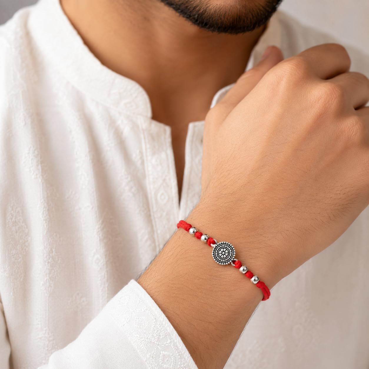 El Regalo 1PC Simple Red Thread Rakhi for Brother- Minimalist Antique German Silver Charm Rakhi with Roli Chawal, Rakhi Message Card
