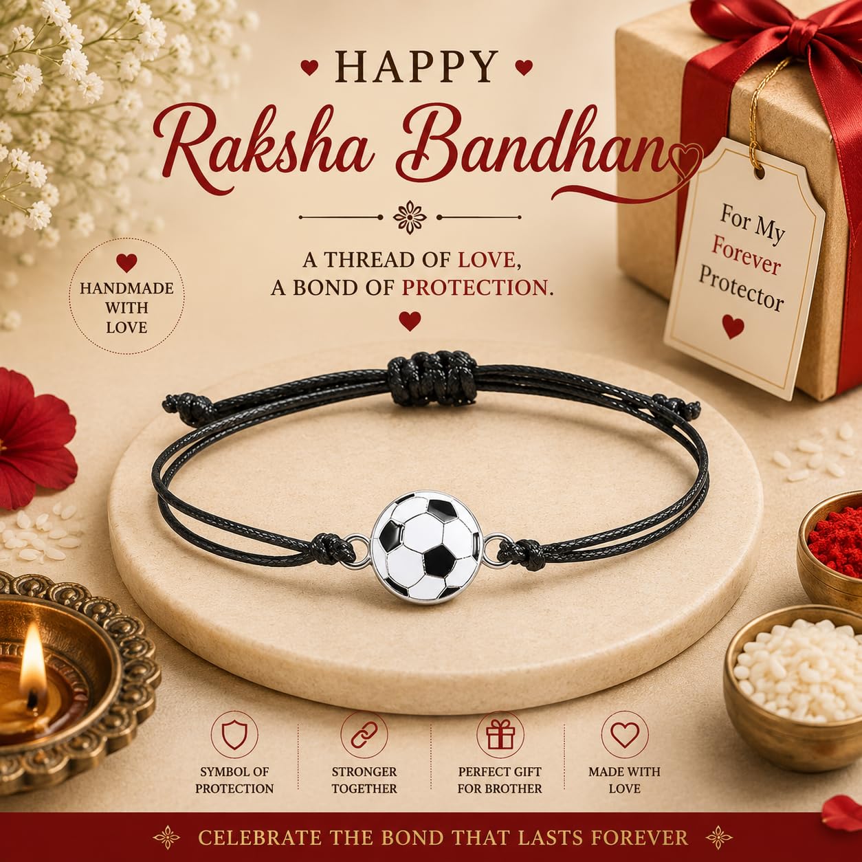 El Regalo 1PC Sports Balls Bracelet Rakhi for for Brother- Rakhi for Sports Lover Bhai with Roli-Chawal Shagun, Message Card in Gift Box for Kids/Adults (Soccer Ball)