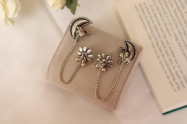 El Regalo Ethnic Oxidized Floral-Crescent Moon Ear Cuffs - Handmade Silver Lookalike Ghunghru Earrings with Ear Clips for Women & Girls - Antique Brass Earrings with Chain Connection