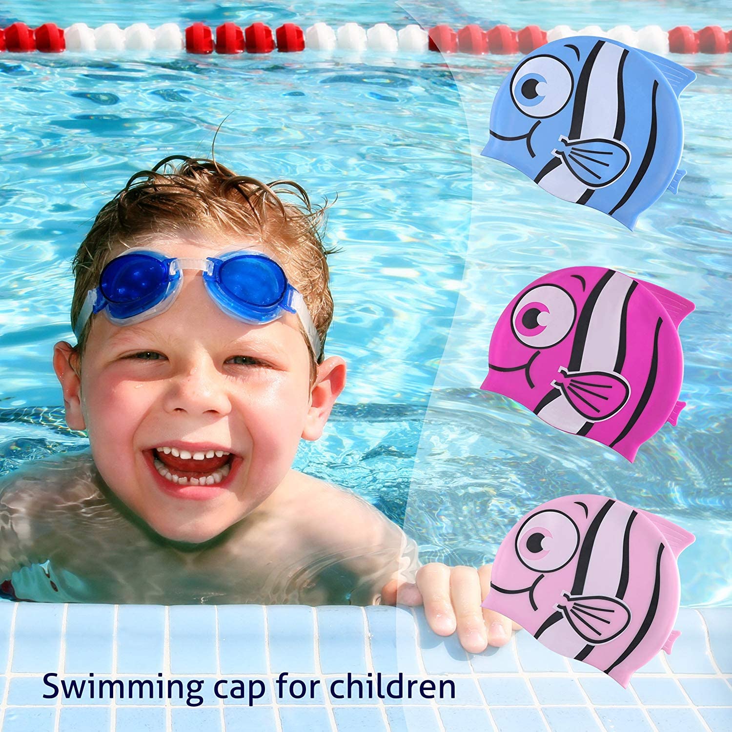 El Regalo Cartoon Fish Swimming Caps for Kids/Girls/Boys (4-16 Years Age Group)- Silicone Waterproof Stretchy Swimming Caps for Girls Boys for Long & Short Hair (Blue)