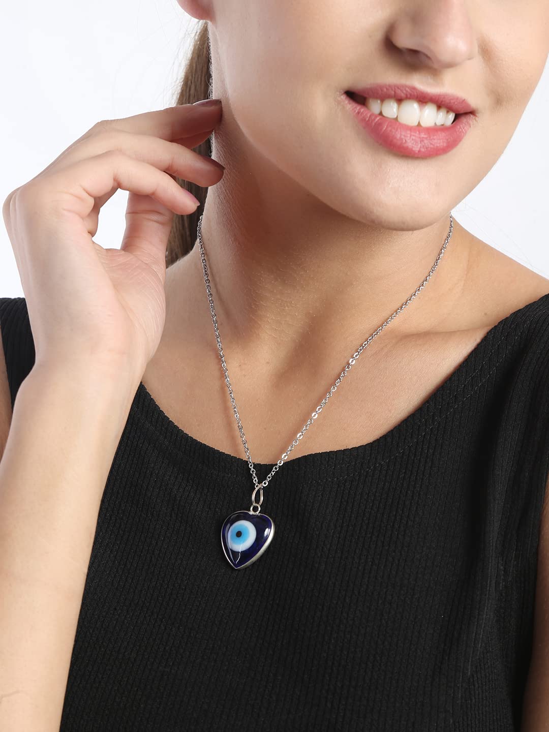 El Regalo Unisex Heart Evil Eye Pendant Necklace for Girls/Boys/Men & Women- Handmade Glass Lamp work Nazar Evil Eye Pendant Necklaces- Valentines Day Gift (Silver Tone Blue Heart with Chain)