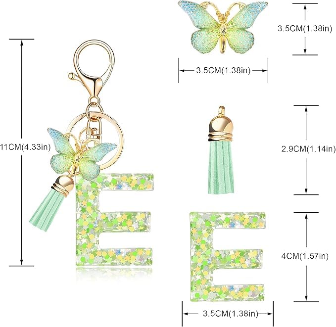 El Regalo Personalized Name Initials Butterfly Charm Keychain - Name Letters Keyring with Green Butterfly & Stars Filled Resin & Tassel Pendant, Purse, Bag, Backpack Accessory (Letter E)