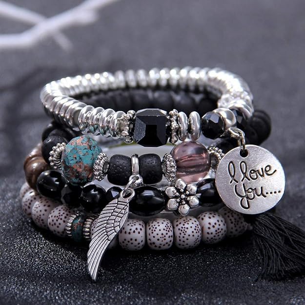 El Regalo 4Pcs/Set Vintage Bohemia Style Wing Beads Tassel Unisex Bracelet - Stackable Multi-layer Modern Charm Bracelets with Wings and I Love You Charms Bracelets (Black)