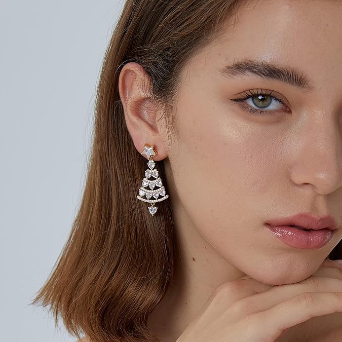 El Regalo CZ Dangling Christmas Tree Stud Earrings for Women & Girls- Rhinestone In-Laid Christmas Tree Dangle Earrings (Silver)