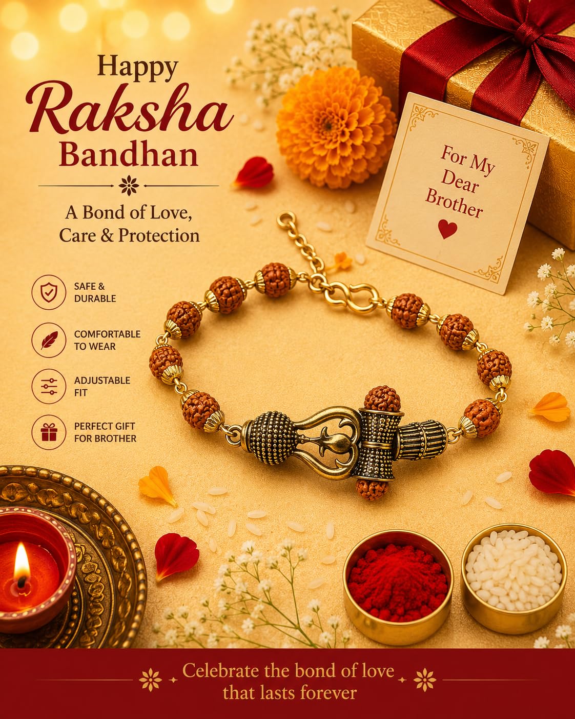 El Regalo Rudraksha Rakhi for Brother- Rudraksha Beads Rakhi Gift Box with shagun & Rakhi Message Card for Bhai/Nephew (Trident)