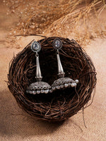 El Regalo Uniquely Handcrafted Oxidized Brass Jhumka Earrings- Silver Lookalike Ethnic Victorian Style Stones Long Jhumka Earrings for Women (White)