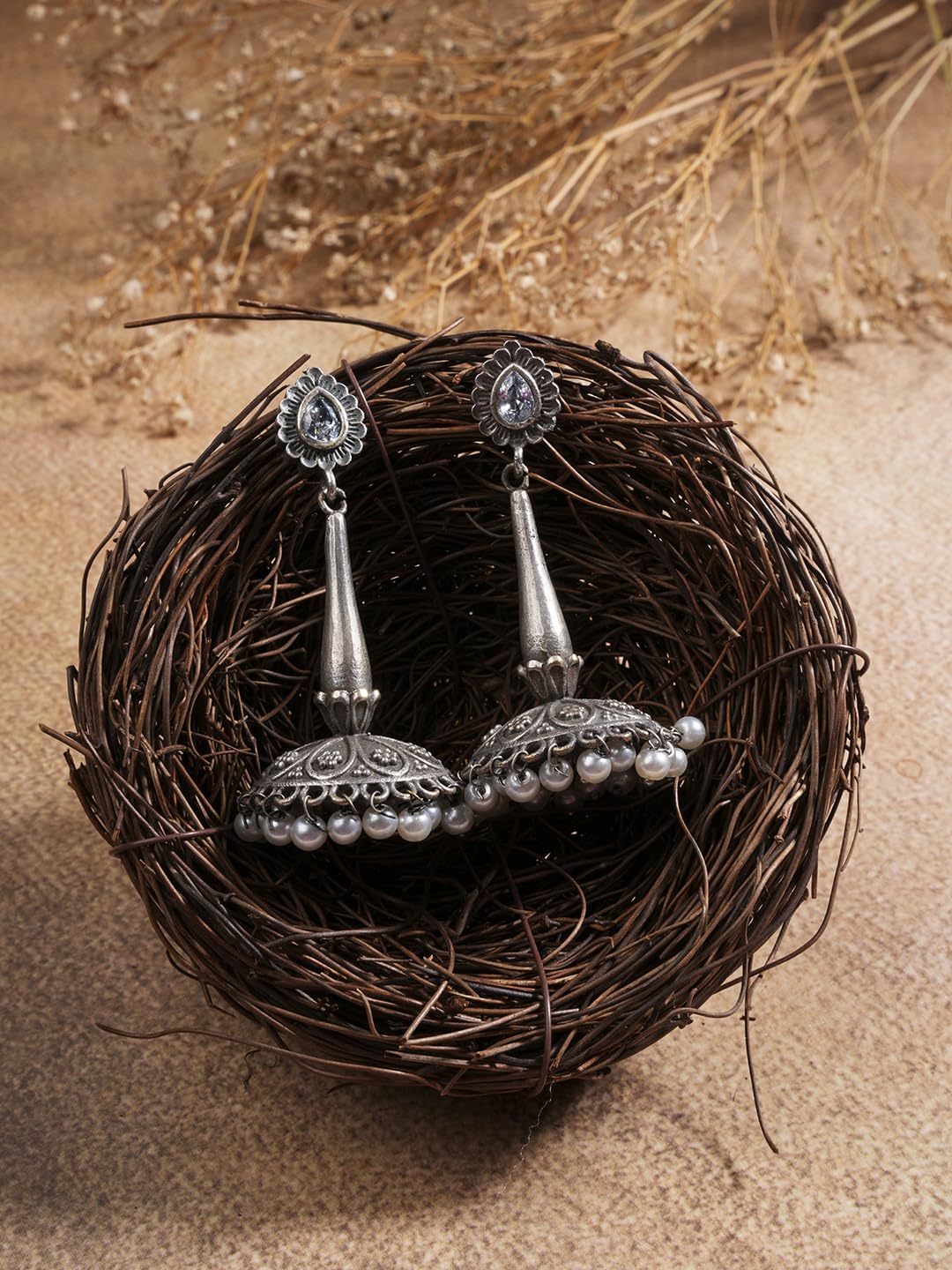 El Regalo Uniquely Handcrafted Oxidized Brass Jhumka Earrings- Silver Lookalike Ethnic Victorian Style Stones Long Jhumka Earrings for Women (White)