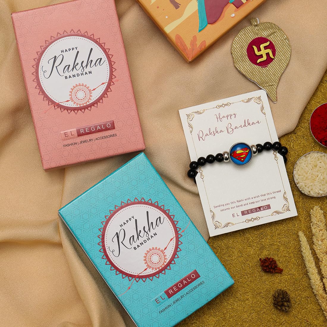 El Regalo 1PC Superhero Kids Marvel Theme Rakhi with Replacement Button for Brother- Kids Unisex Rakhi with Roli Chawal, Rakhi Message Card in Rakhi Gift Box for Little Bro (Superman Rakhi)