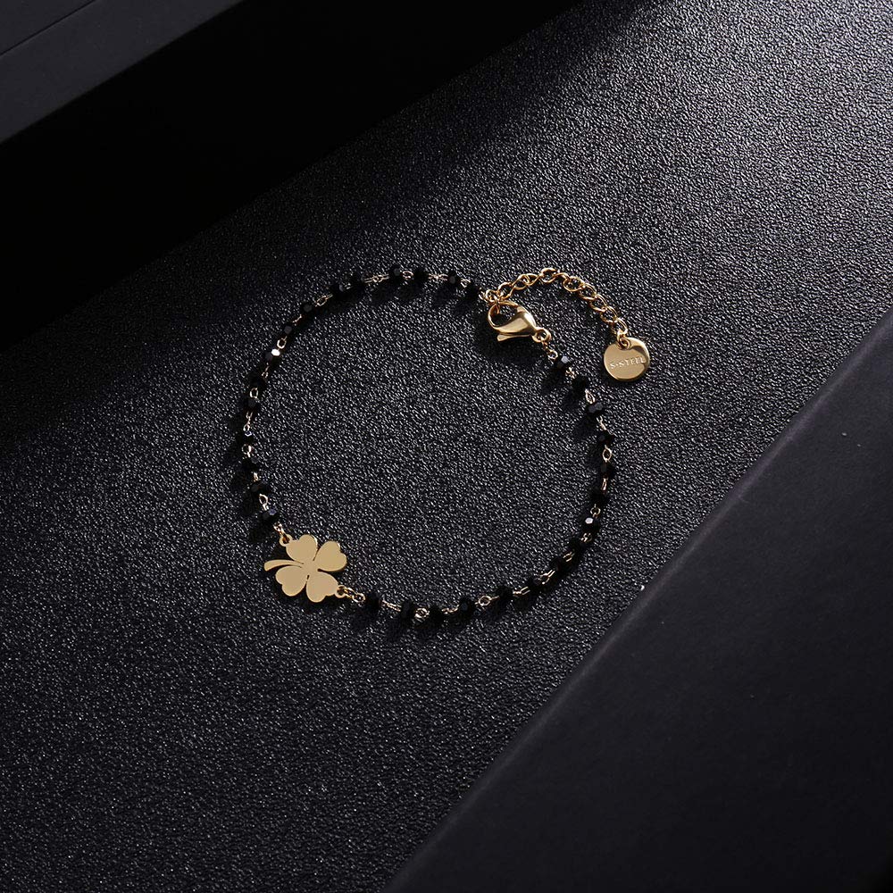 El Regalo Stainless Steel Mangalsutra Evil Eye Nazaria Bracelet- Black Crystal Beads Anti Tarnish Chain Bracelet for Girls/Women (Clover Leaf Nazaria Bracelet)