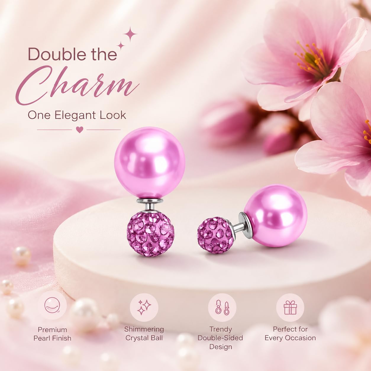 El Regalo's Double Sided 2 Ways Disco Ball Pearl Stud Earrings for Women | Reversible Front Back Ball Earrings | Crystal Rhinestone Back | Fashion Jewelry for Girls (Mauve)