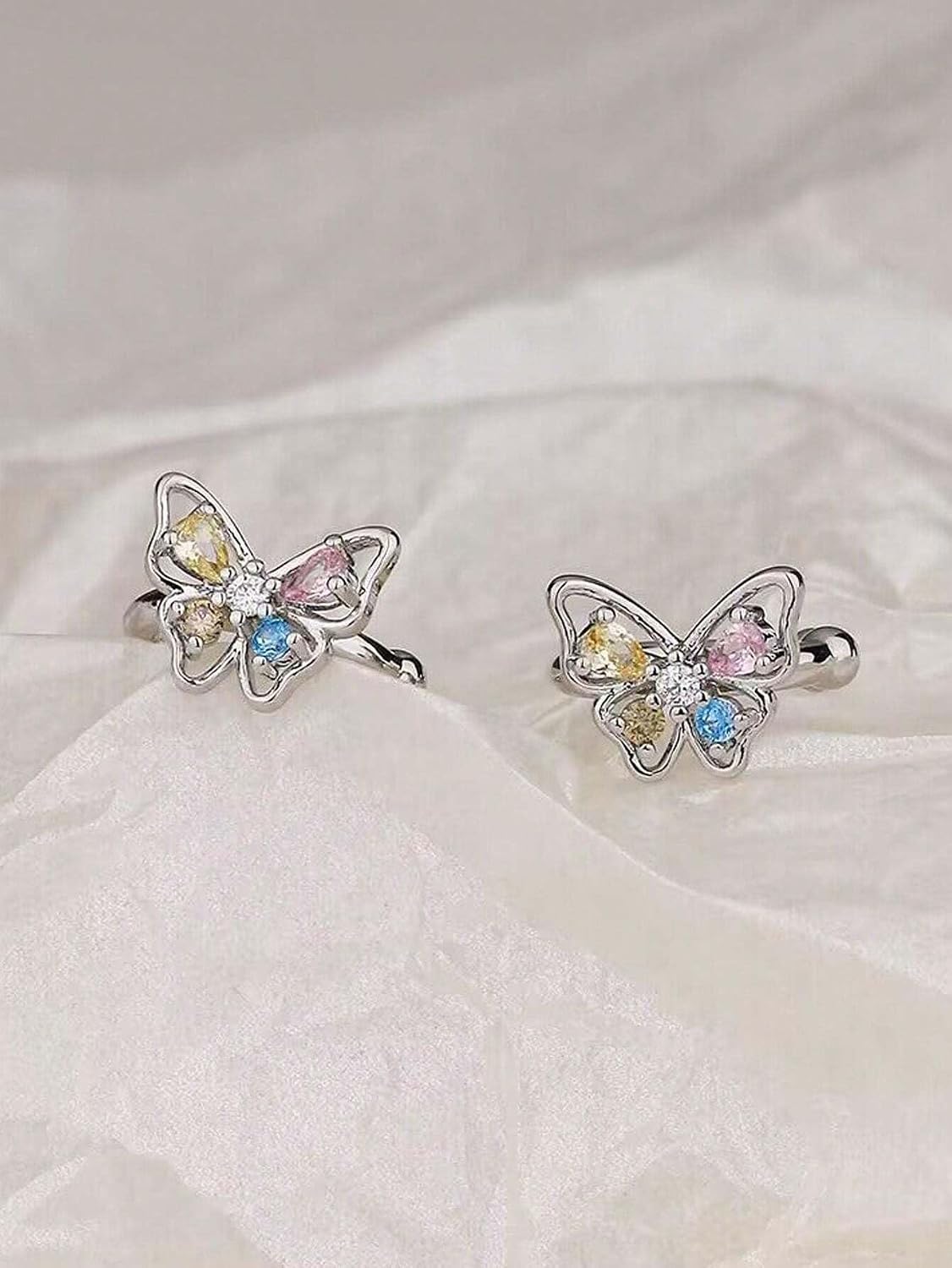 El Regalo Girl's 1 Par Colorful Butterfly & Cubic Zirconia Decor Clip-On Earring For Non-Pierced Ears- Fancy Butterfly Clip On Cartilage Cuff Earrings