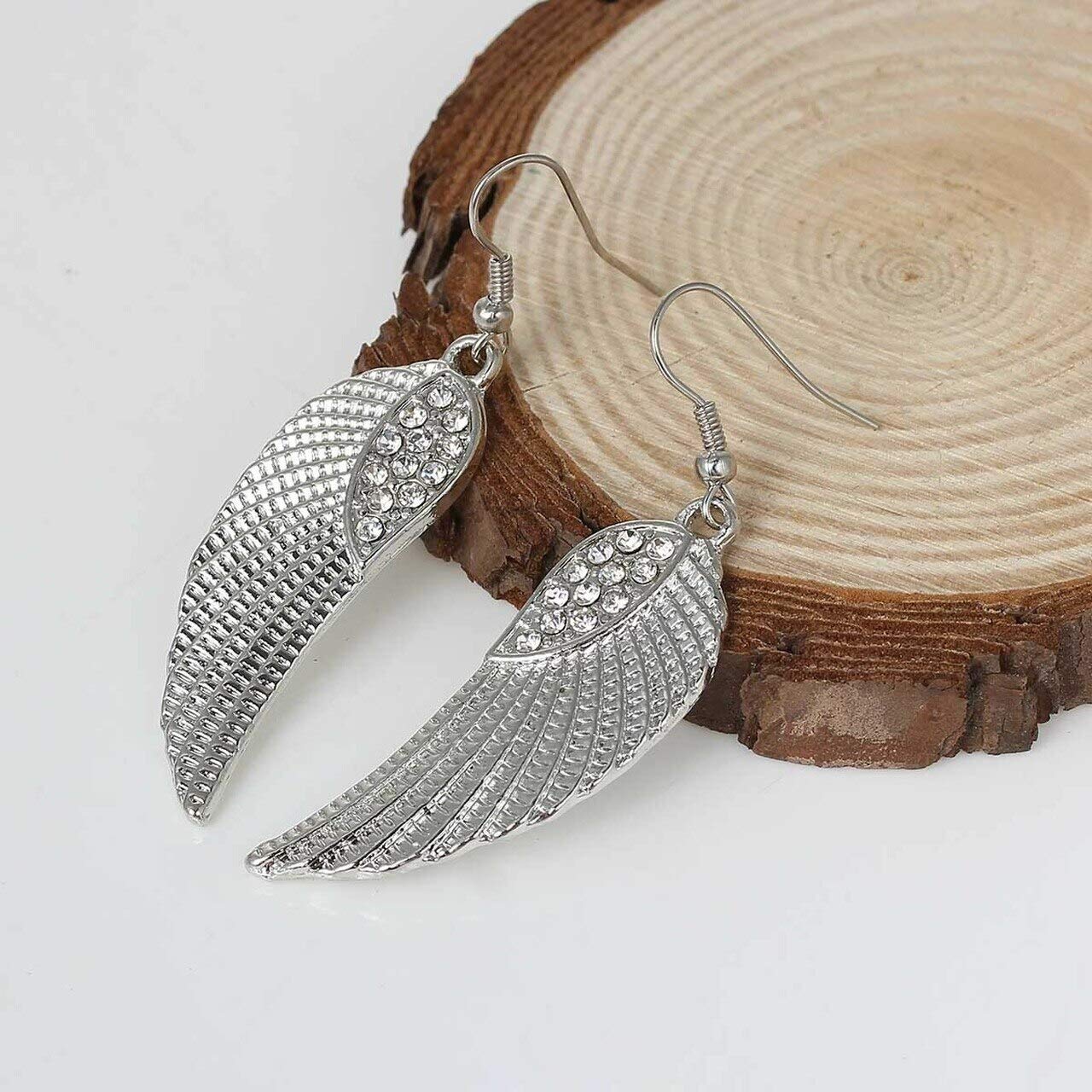 El Regalo Shimmering Feather/Angel Wings Earrings with Stones for Girls & Women (Silver)