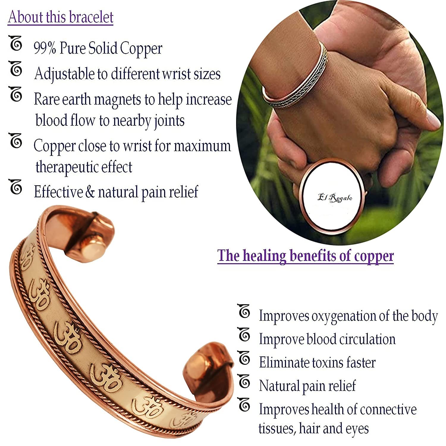 El Regalo "OM Namah Shivay Copper Healing Meditation Unisex Broad Bracelet/Kada for Men & Women | Healing Religious Copper Kada (OM Magnetic Therapy Bracelet)