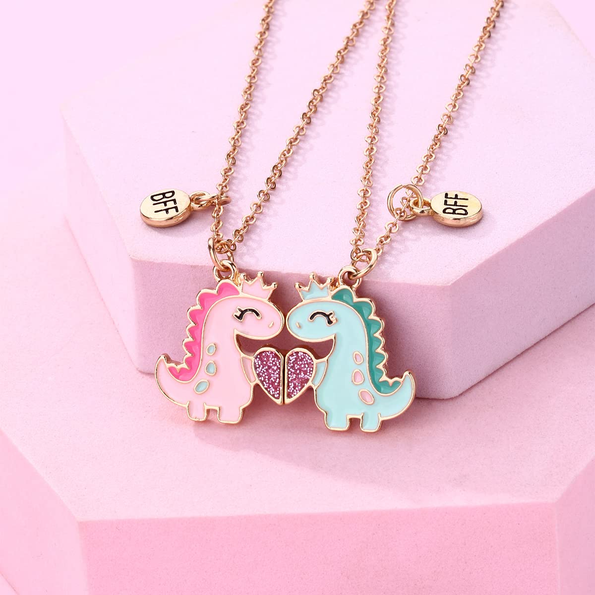 El Regalo 2 PCs BFF Best Friend Forever Split Magnetic Matching Unisex Pendant Necklaces Set- Friendship Necklaces Set for Besties/Best Friends/Soul Sisters (BFF Dinosaurs Necklaces Set- Gold)