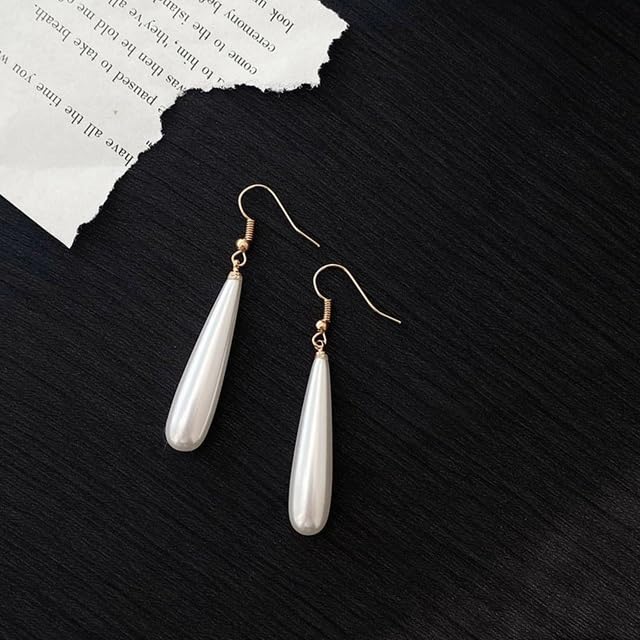 El Regalo Elegant Long Pearl Drop Earrings for Women & Girls | Minimalist White Teardrop Pearl Dangle Earrings | Korean Style Party Earrings | Fashion Jewellery