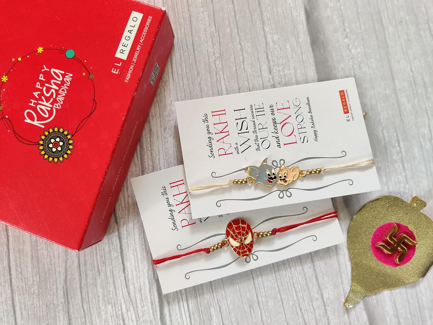 El Regalo 2 PCs Kids Rakhis Combo Set - beautiful 2 Kids Rakhis Set with shagun, Rakhi Message Card in Rakhi Gift Box for Little Brother/Niece/Nephew (Spiderman & Tom Jerry Rakhi)