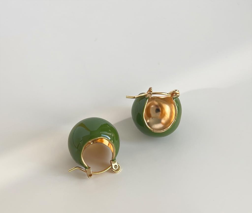 El Regalo Chunky 18K Gold Plated Enamel Hoop Earrings for Women & Girls | Elegant Bold Teardrop Huggie Hoops | Fancy Western Statement Jewellery | Glossy Curved Design for Casual Wear, Office & Party (Emerald Forest Green)