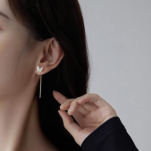 El Regalo CZ Butterfly Threader Chain Earrings for Women, Teen Girls- Butterfly Dangling Earrings- Rhinestone Butterfly Long Tassel Threader Dangle Earrings (Silver)