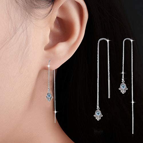 El Regalo 1 Pair Evil Eye Hamsa Hand Earrings - Small Dangle Hoop Earring Dainty Blue Small Simple Hypoallergenic Earrings for Girls & Women (Evil Eye Hamsa Hand Threader)