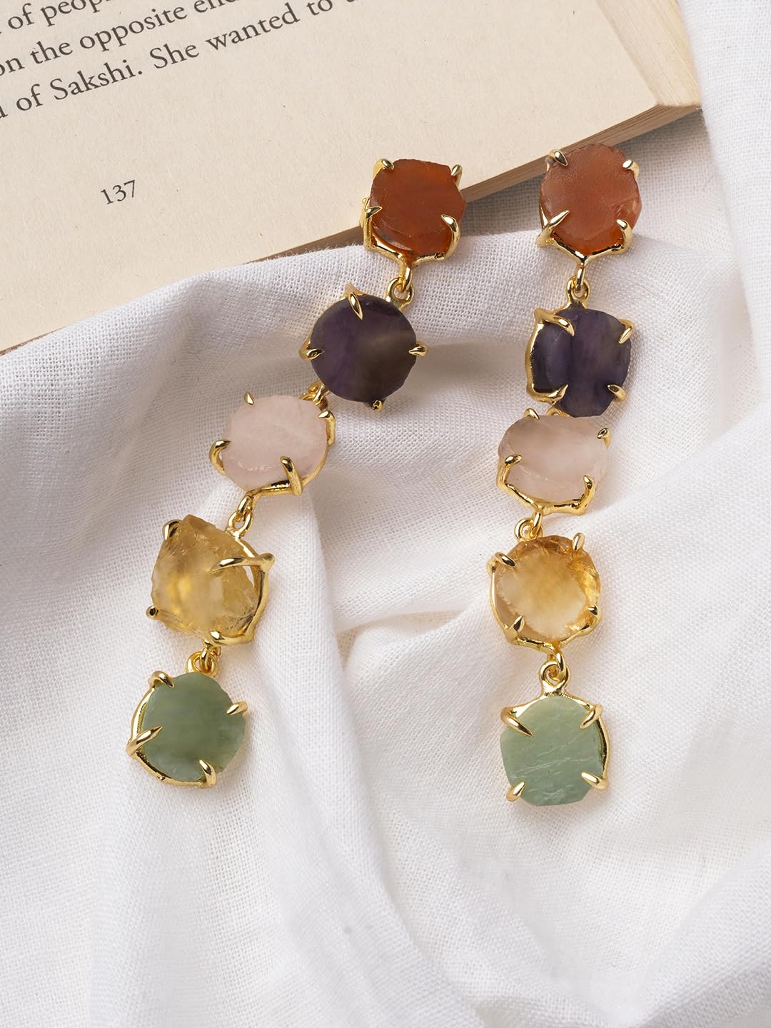 El Regalo Luxury Multi-Colored Natural Raw Stones Rough Edge Earrings - Handcrafted Gold-Finished Studs for Modern Women