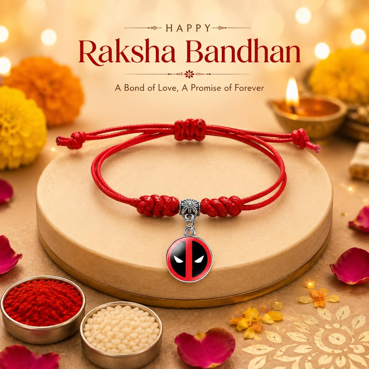 El Regalo 1PC Superhero Kids Rakhi- Fun Kids Bracelet Rakhi with Roli Chawal, Rakhi Message Card in Rakhi Gift Box for Little Bro/Sister/Niece or Nephew (Deadpool Red Rakhi)