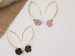 El Regalo 2 Pairs Beautiful Enamel Flowers Long Hook Earrings for Women/Girls - Cute Floral Charms Western Danglers (Pink & Black Flower)