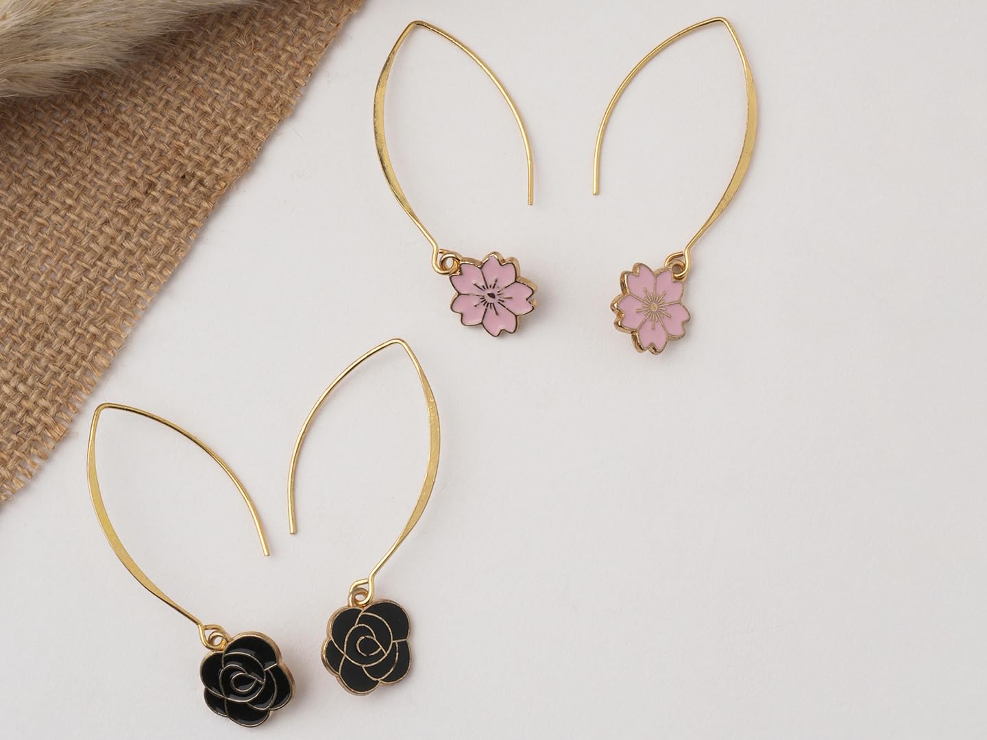 El Regalo 2 Pairs Beautiful Enamel Flowers Long Hook Earrings for Women/Girls - Cute Floral Charms Western Danglers (Pink & Black Flower)