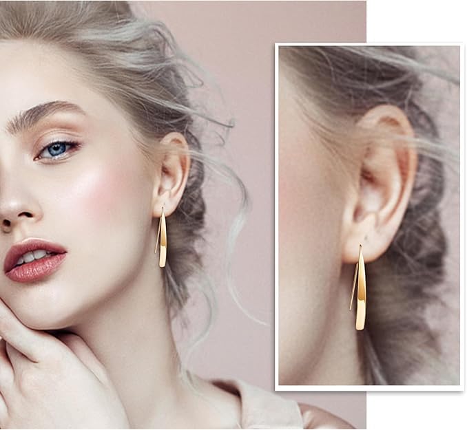 El Regalo Minimalist Long Arc Ear Threader Earrings for Women & Girls | Modern Sleek Curved Pull-Through Drop Western Earrings (Gold)