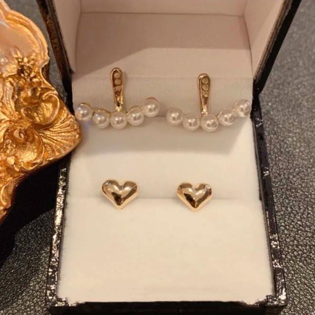 El Regalo Pearls Heart Jacket Earring for Girls & Women | Korean Pearl Dual Purpose Love Heart Gold Color Earrings