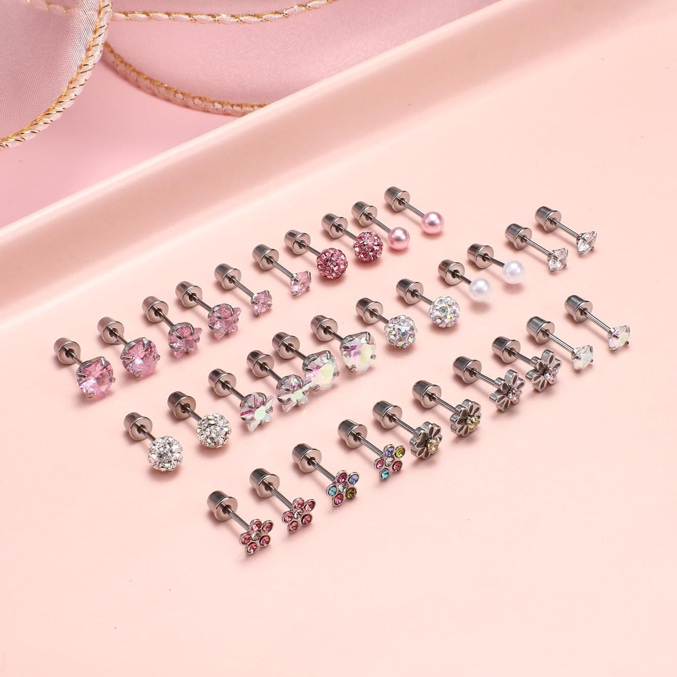 El Regalo 12 Pairs Cute & Tiny Screw Back Earrings Set for Women, Girls & Kids | 316L Stainless Steel Stud Earrings with Pearl, Heart, Flower & Star Designs | Comfortable Flat Back Screw Studs - Pink, Silver & Multicolor