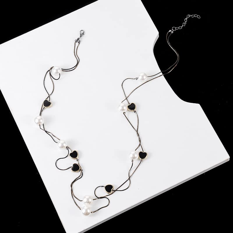 El Regalo Pearls Multilayer Long Necklace for Girls/Women- Elegant Long Sweater Chain Statement Pearls Necklace Jewelry Accessories Dressy Collocation (Pearl Heart Chain)