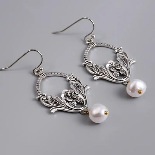 El Regalo Vintage Dainty Flower Pearl Earrings- Exquisite Carving Leaf Flower Earrings for Women