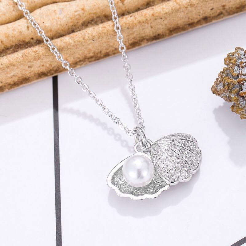El Regalo Stainless Steel Anti Tarnish Pearl shell Pendant Necklace for Girls & Women, Trendy Waterproof Pearl Shell Pendant Necklace for Teens/Girls/Women, Mermaid Jewelry (Silver)