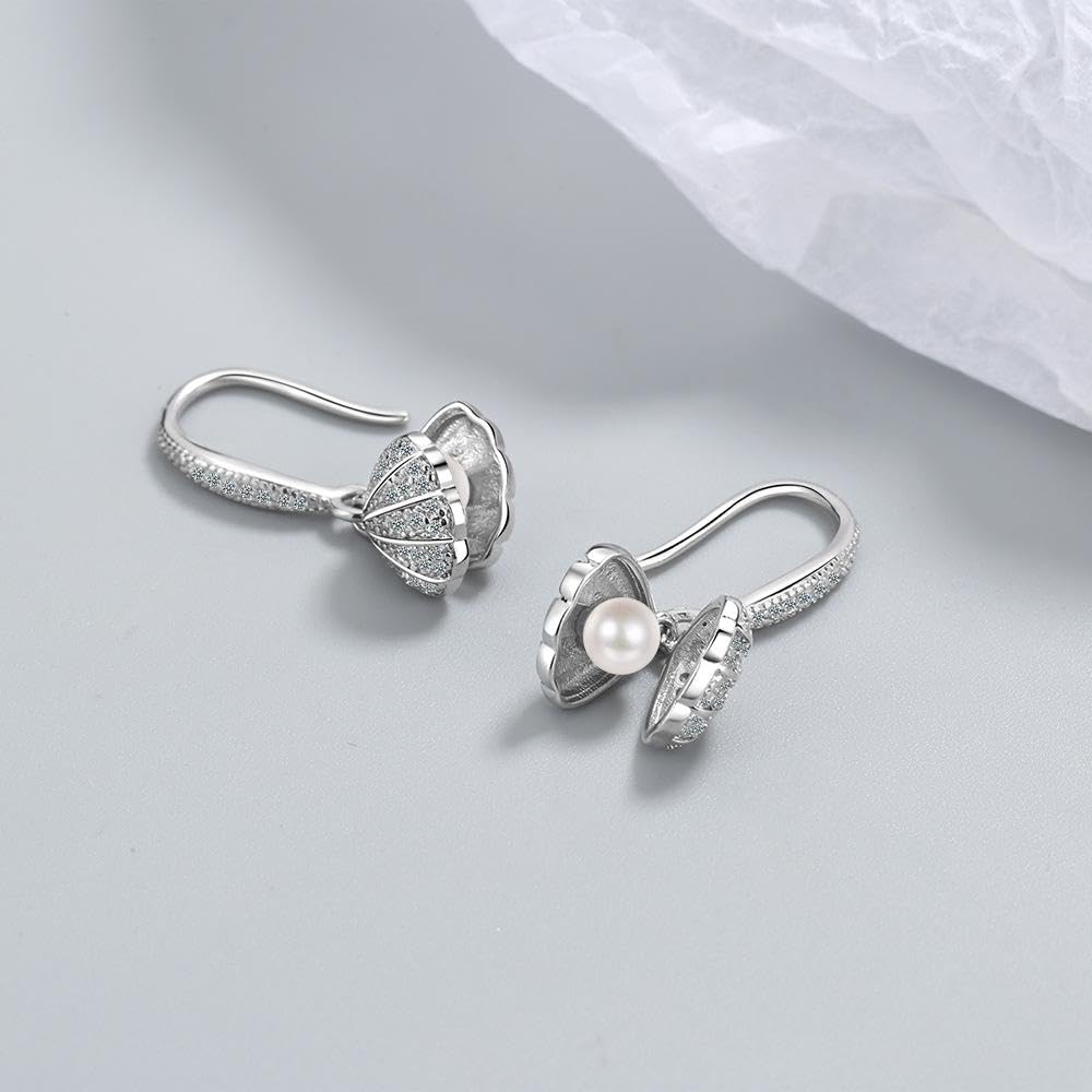 El Regalo Pearl Shell-Shaped Earrings - Fashionable Cute Inlaid Cubic Zirconia Pearls Shell Hook Earrings for Girls & Women, Elegant Sea-Inspired Design (Silver)