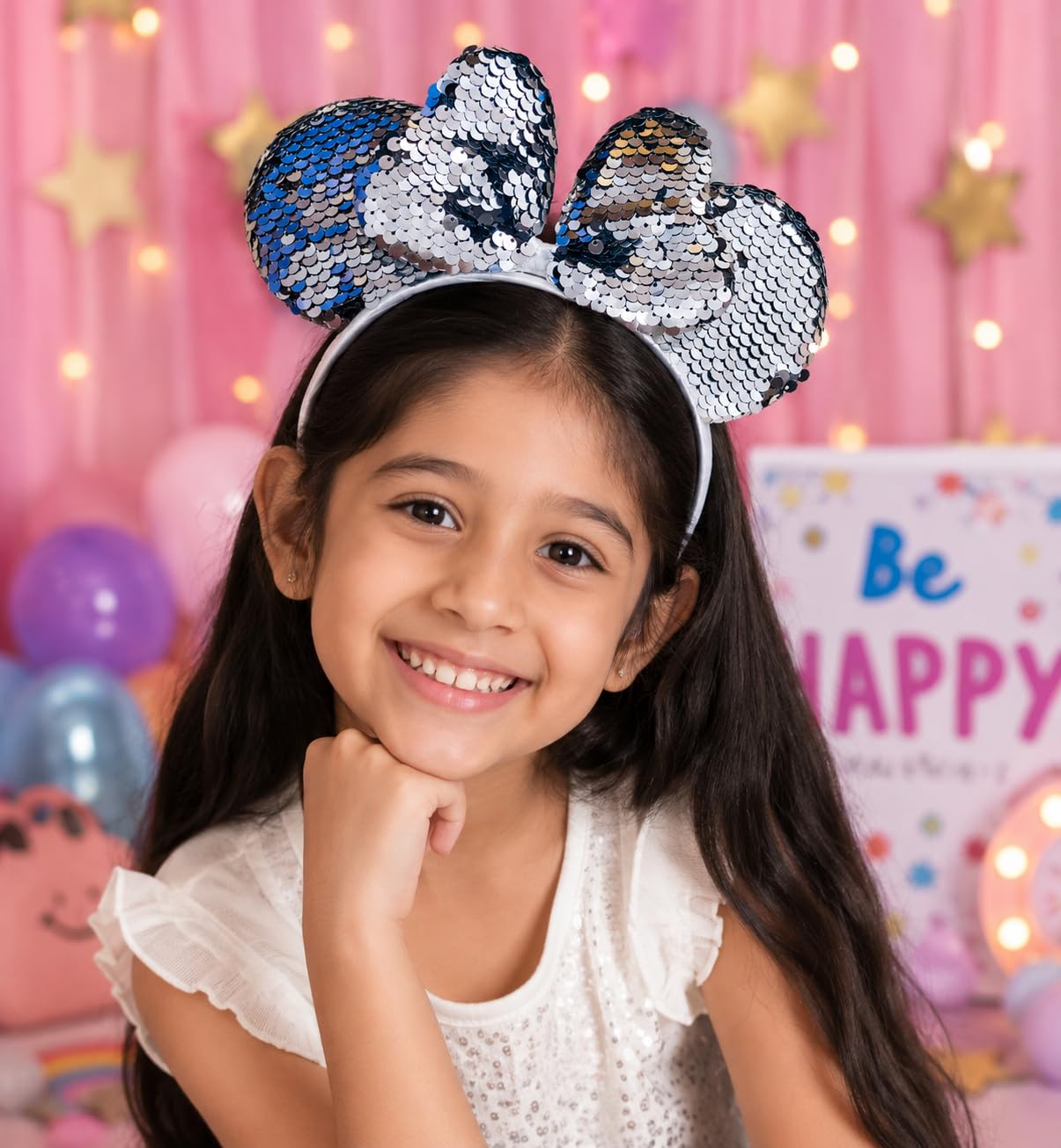 El Regalo Kids Sequin Mouse Ear Hairband with Bow for Girls | Cute Cartoon Mouse Headband | Glitter Party Hair Accessory | Fancy Dress Hair Band for Birthday, Theme Party, Halloween, Christmas & Photoshoot (Grey)