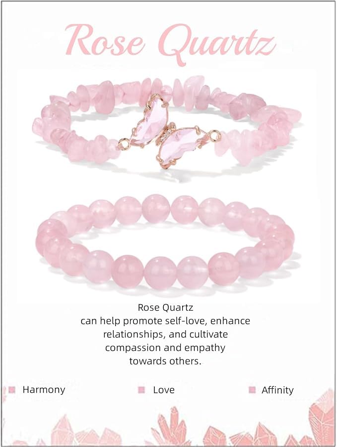 El Regalo 2PCs Natural Crystals Butterfly Bracelets Set- Real Crystals Healing Stones Bracelet Combo for Women (Pink Rose Quartz)