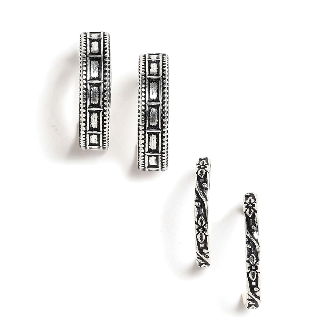 El Regalo 2 Pairs Tribal Oxidized Half Hoop Earrings, Huggie Earrings- Hammered Bohemian Oxidized German Silver Baali Earrings (Option-1)
