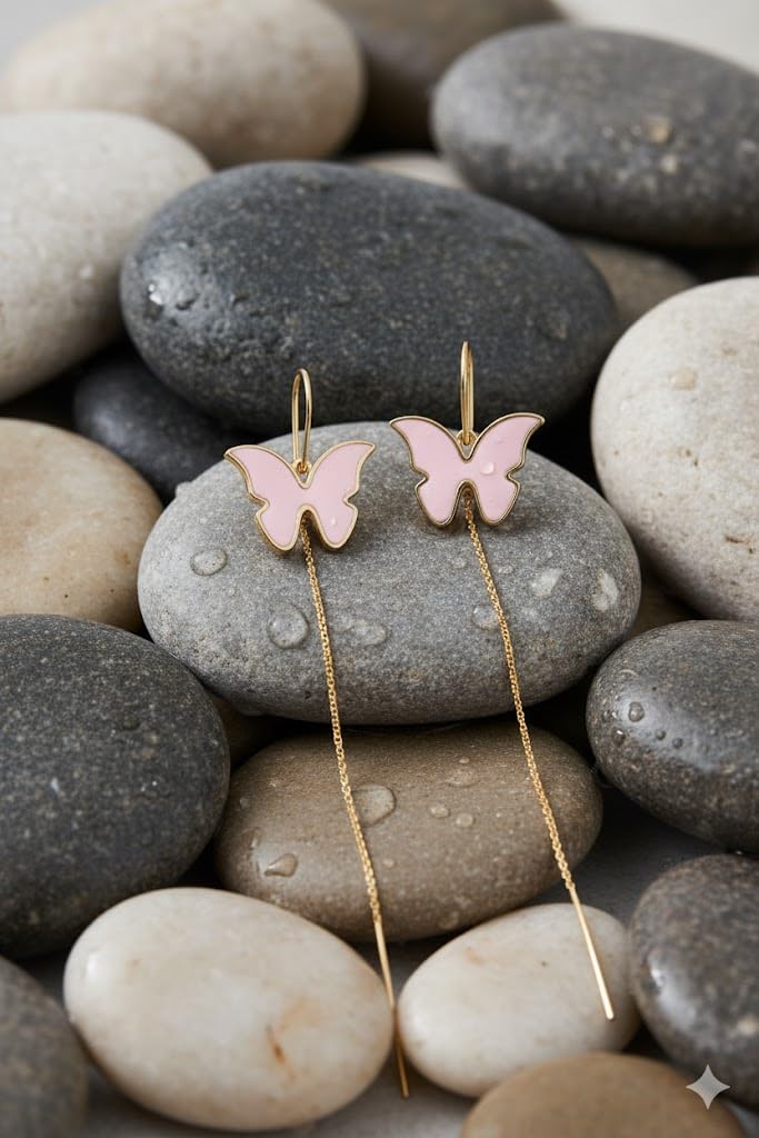 El Regalo Butterfly Threader Earrings for Women & Girls | Lightweight Long Chain Dangle Earrings | Trendy Gold Plated Butterfly Sui Dhaga Earrings | Minimal Elegant Jewelry (Silky Pink)
