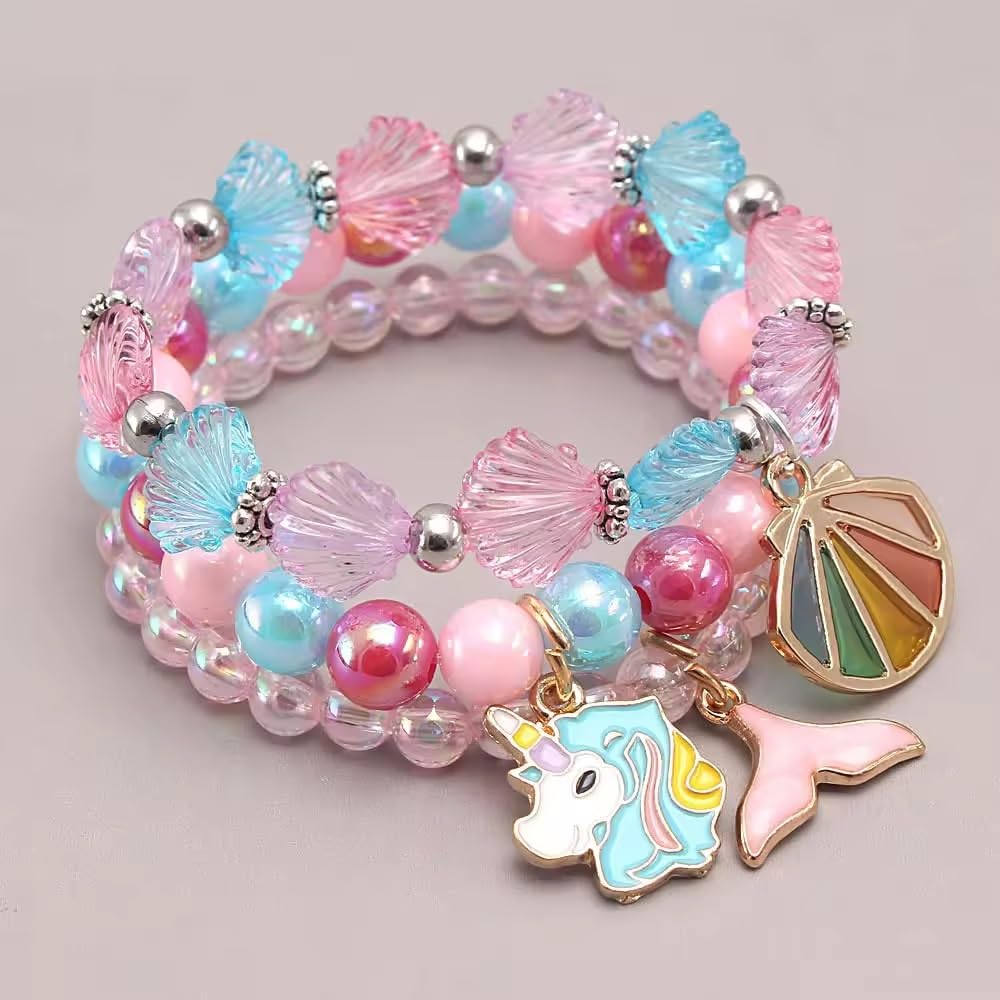El Regalo 3PCs Cute Kids Beaded Bracelets with Unicorn, Mermaid & Shell Charms - Stretchable, Colorful Jewelry Set for Girls