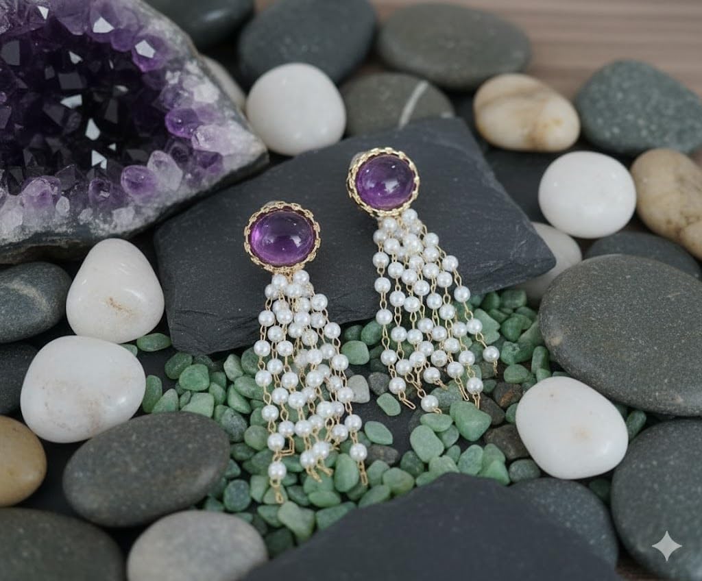 El Regalo Elegant Purple Stone Stud Pearl Tassel Earrings for Women & Girls, Multi-Strand Pearl Drop Dangle Earrings, 6cm Long Gold Plated Statement Earrings