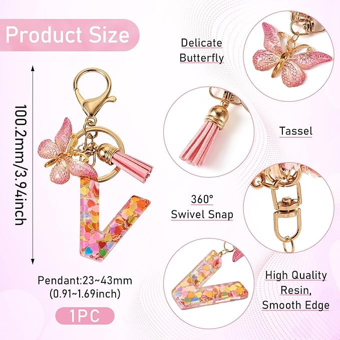 El Regalo Personalized Name Initials Butterfly Charm Keychain - Custom Letter Keyring with Pink Tassel & Butterfly Pendant, Purse, Bag, Backpack Accessory (V Letter)