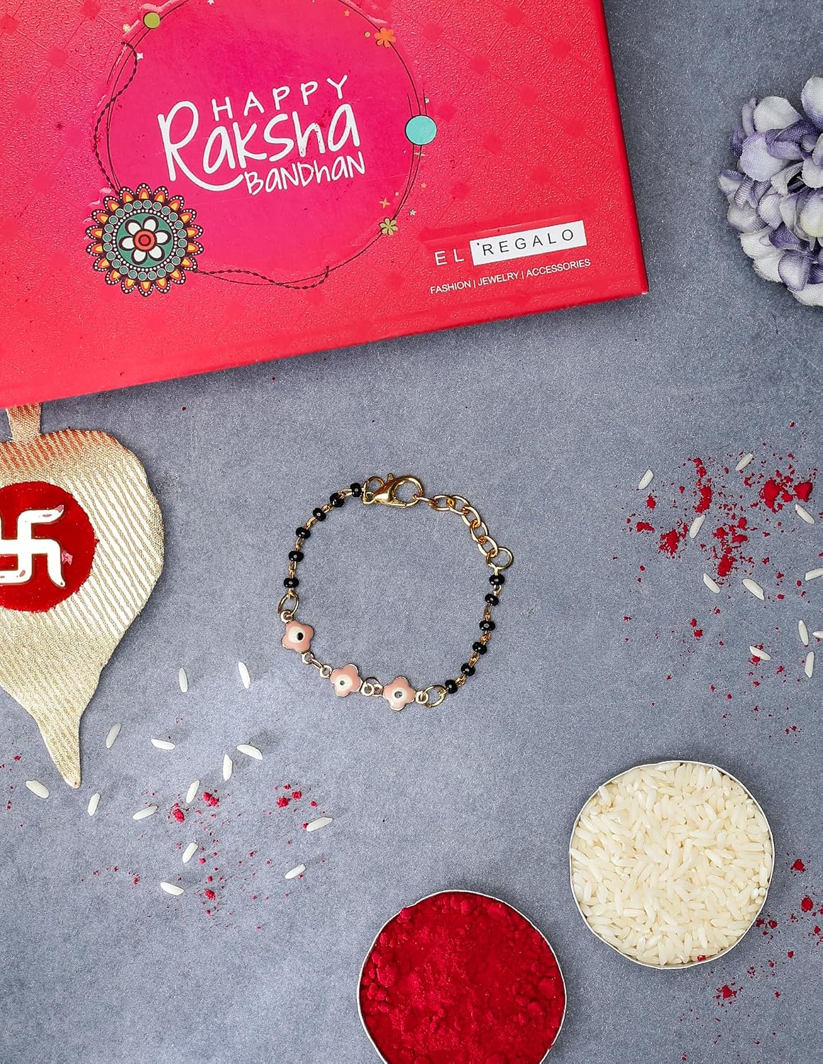 El Regalo Cute Evil Eye Nazaria Bracelet Rakhi for Babies/Kids with Roli Chawal, Rakhi Message card in Rakhi Gift Box- Baby Nazaria Rakhi (Flower Evil Eye Nazaria Rakhi)