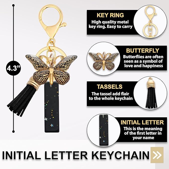 El Regalo Personalized Name Initials Butterfly Charm Keychain - Name Letter Keyring with Black & Golden Tassel & Butterfly Pendant, Purse, Bag, Backpack Accessory (I Letter)