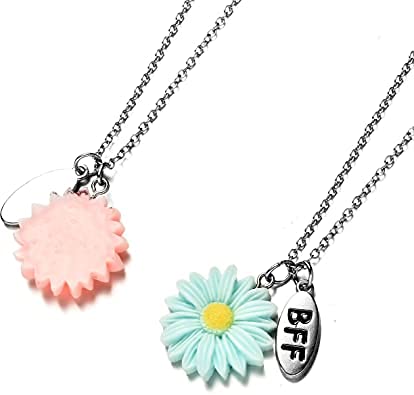 El Regalo 2 PCs Best-Friend (BF) Pink Blue Daisy Flowers 2PCs Pendant Necklace Set for Besties/Sisters/Best Friends - BFF Jewelry for Girls