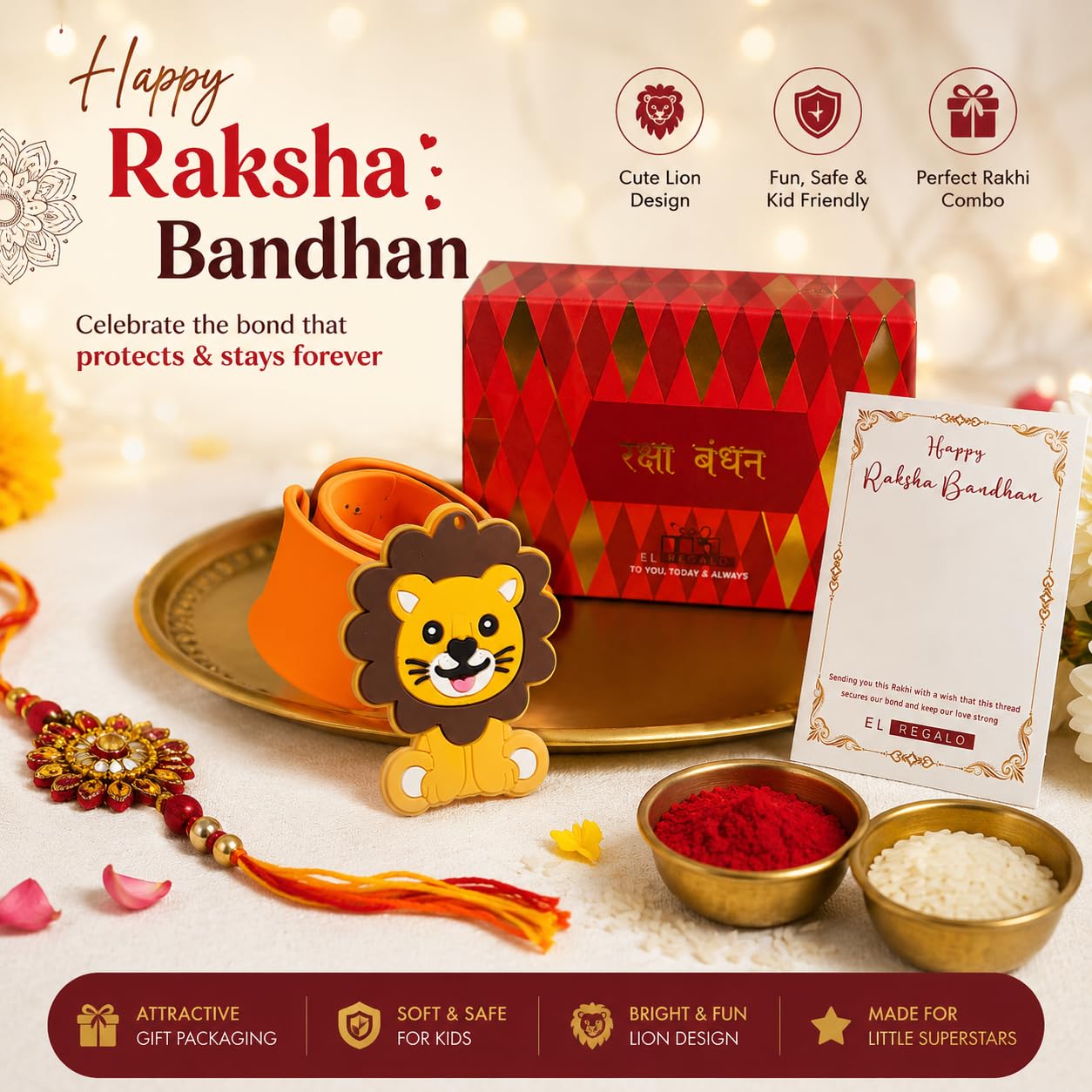 El Regalo Cute Slap Band Bracelet Rakhi for Kids Boys & Little Brother | Fun Quirky Silicone Slap Wristband Rakhi for Toddlers & Children with Roli Chawal Pack and Gift Box (Tiger)