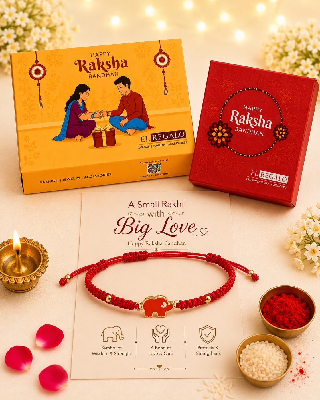 El Regalo 1PC Elephant Evil Eye Rakhi for Brother with & Message Card in Gift Box (Red Elephant Red Rakhi)