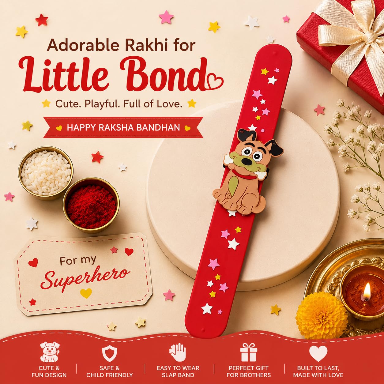 El Regalo Cute Slap Band Bracelet Rakhi for Kids Boys & Little Brother | Fun Quirky Silicone Slap Wristband Rakhi for Toddlers & Children with Roli Chawal Pack and Gift Box (Dog)