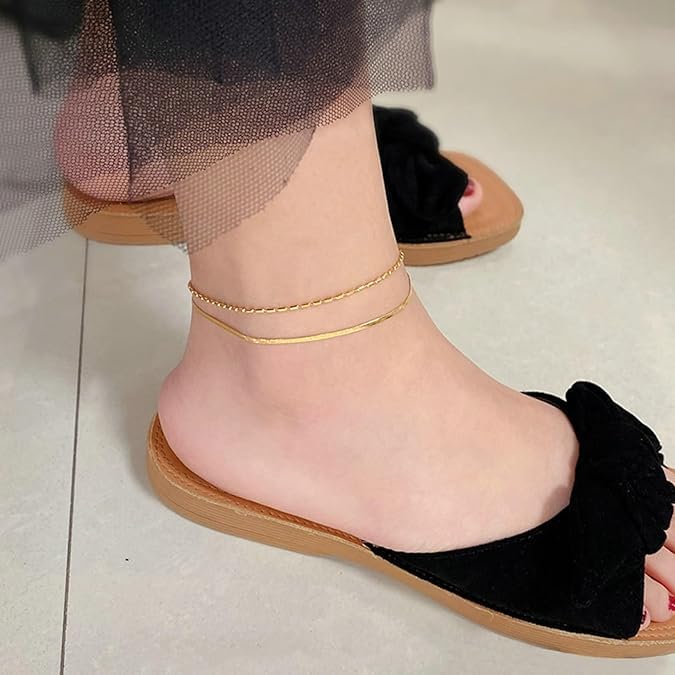 El Regalo Stainless Steel Double Layers 1 Leg Anklet - 1PC Anti-Tarnish, Waterproof Anklets for Girls & Women (Style-3)