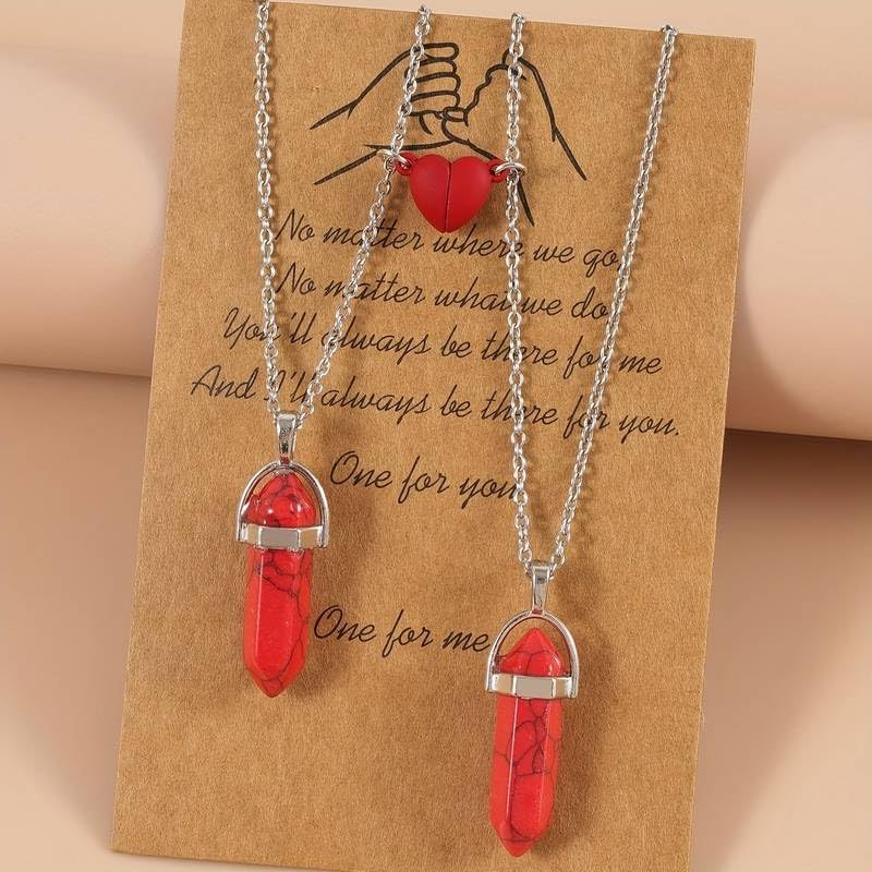 El Regalo Unisex 2Pcs/Set Crystal BFF Best Friend Magnetic Couple Matching Split Heart Pendant Necklaces for Besties/Couples - Valentines Day Gift (Red)